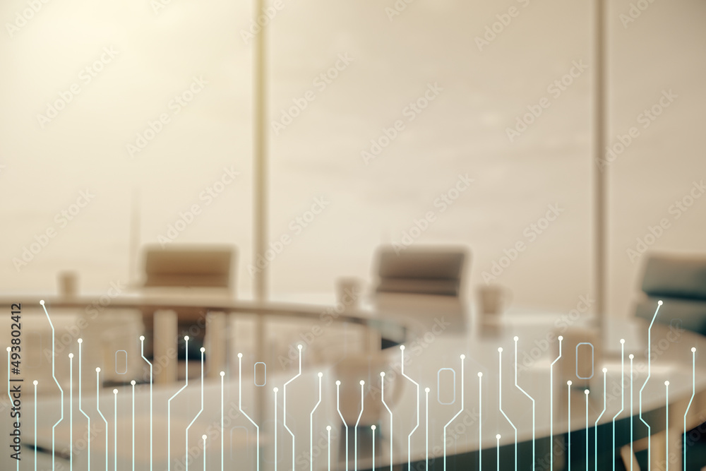 Poster abstract virtual micro circuit sketch on a modern boardroom background, future technology and ai con