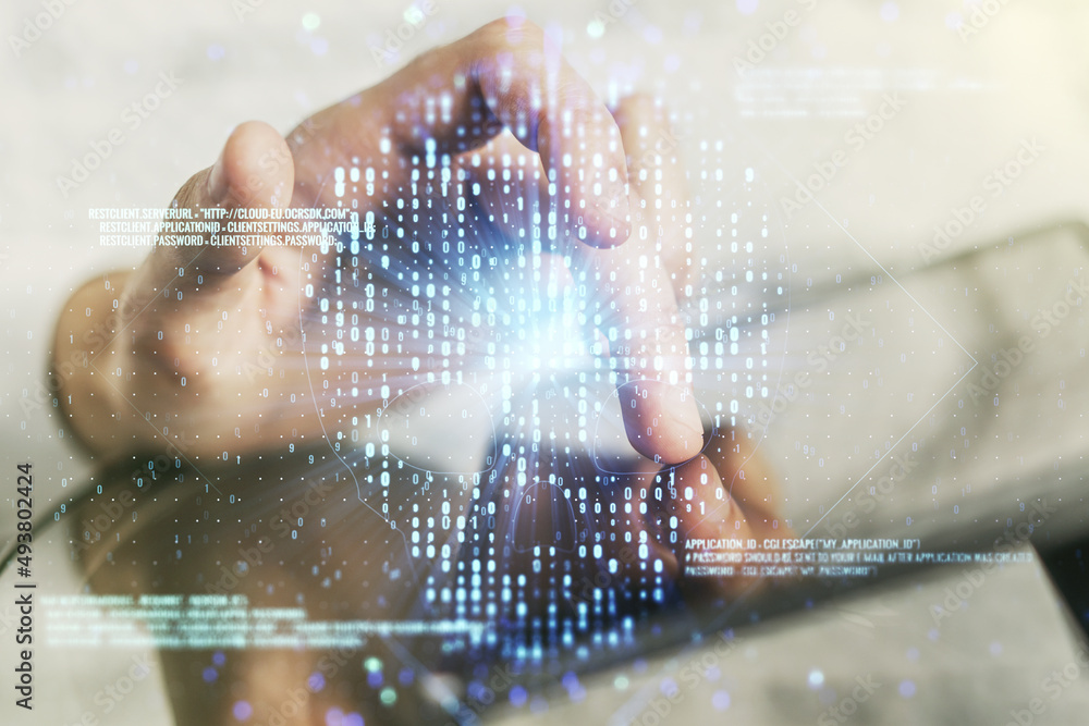 Poster double exposure of creative code skull hologram and finger clicks on a digital tablet on background.