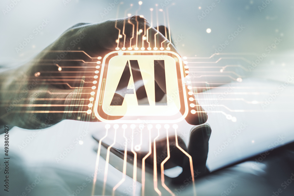 Aufkleber creative artificial intelligence symbol concept with finger clicks on a digital tablet on background