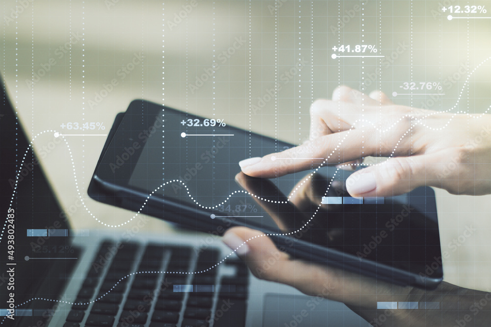 Aufkleber double exposure of abstract creative statistics data hologram with finger clicks on a digital tablet
