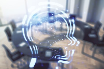 Abstract virtual artificial Intelligence interface with human head hologram on a modern conference room background. Multiexposure