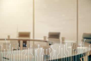 Abstract virtual micro circuit sketch on a modern boardroom background, future technology and AI...