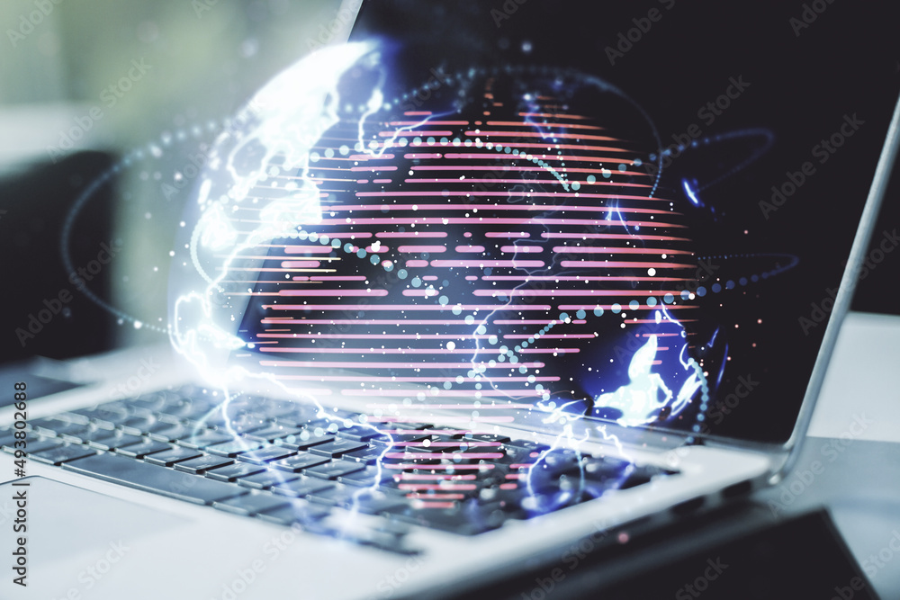 Poster Double exposure of abstract digital world map with connections on computer background, big data and blockchain concept