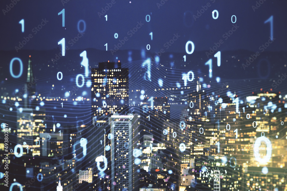Leinwandbilder abstract virtual binary code illustration on san francisco skyline background. big data and coding c