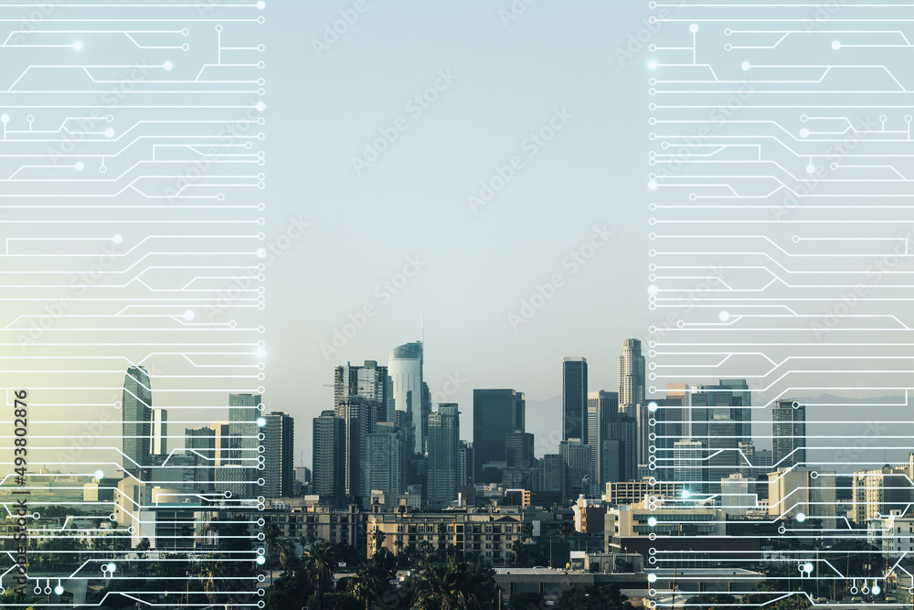 Poster abstract virtual microscheme illustration on los angeles skyline background. big data and database c