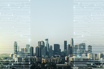 Abstract virtual microscheme illustration on Los Angeles skyline background. Big data and database concept. Multiexposure