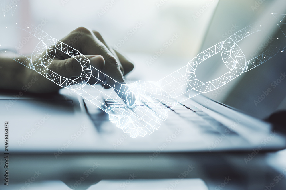 Poster creative concept of blockchain technology with handshake and hands typing on laptop on background. d