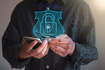 man using Virtual Private Network technology on mobile phone for online shopping ,Cyber security...