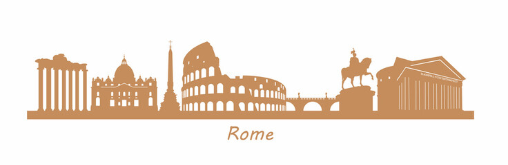 Plakat Famous Rome landmarks and historical buildings such as Colosseum, Pantheon, St. Peter's Basilica. Panoramic view of Rome, city silhouette. Vector illustration.