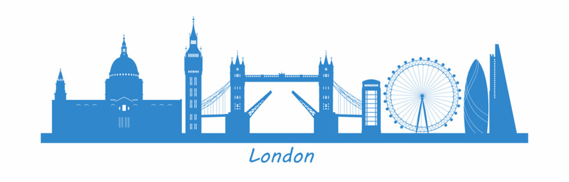 Famous London landmarks and historical buildings. Panoramic view of London, city silhouette. Big Ben, London Eye, telephone booth, Tower Bridge, St Paul's Cathedral, skyscrapers. Vector illustration.