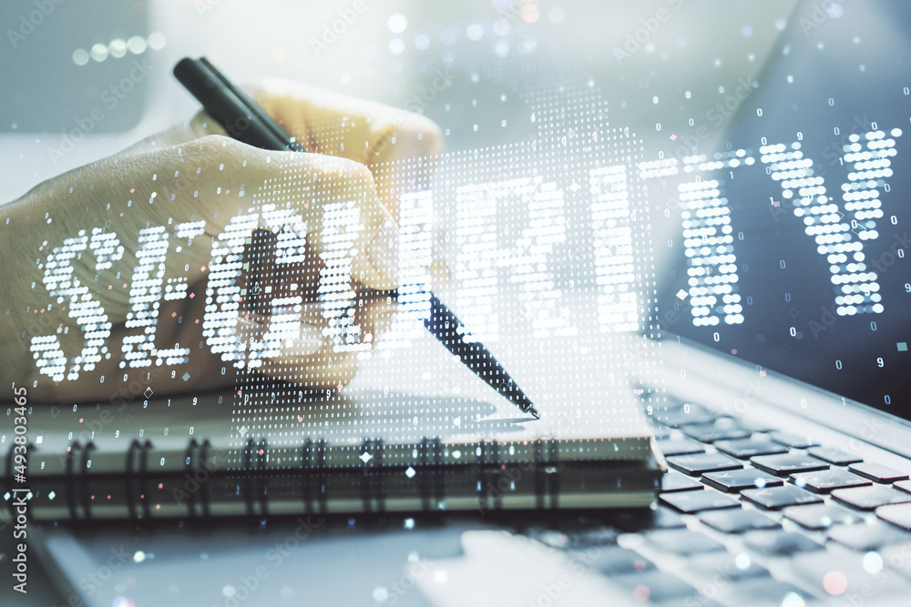 Poster cyber security creative concept with hand writing in notepad on background with laptop. double expos