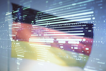 Double exposure of abstract digital world map hologram on flag of Germany and blue sky background, big data and blockchain concept