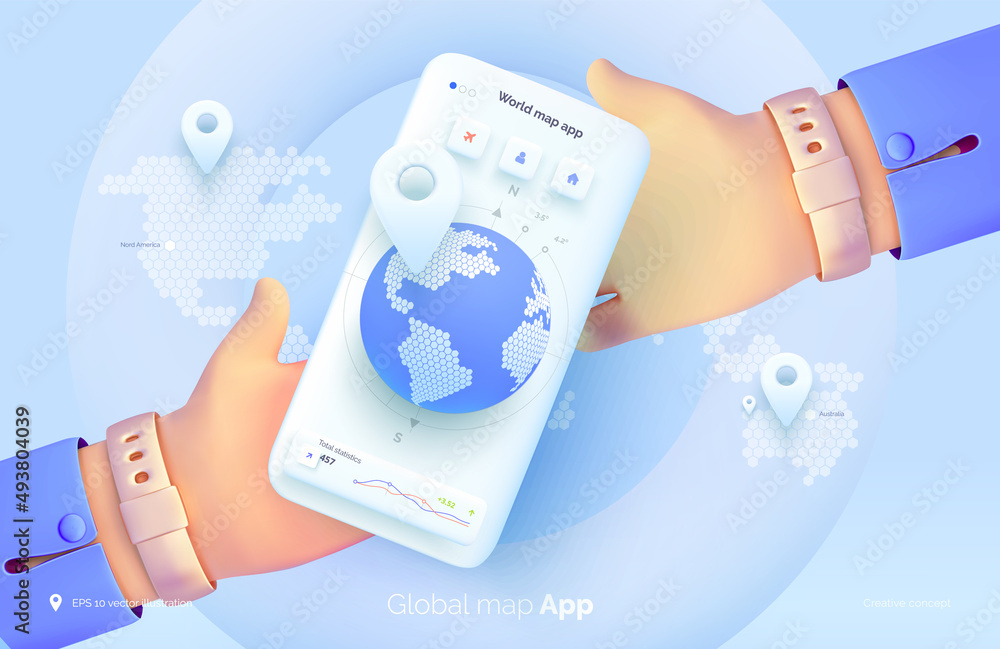 Poster a hand is holding a smartphone with a world map user interface. mobile application for travel and to