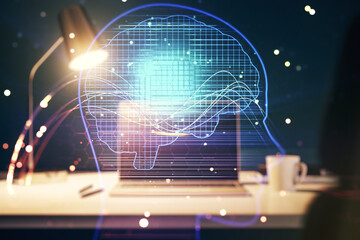 Double exposure of creative human head microcircuit with computer on background. Future technology...
