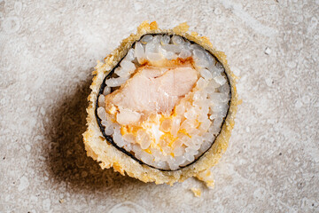 sushi with tempura, top view