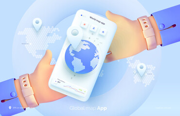 A hand is holding a smartphone with a world map user interface. Mobile application for travel and tourism. Global map of the world. Vector illustration 3d style