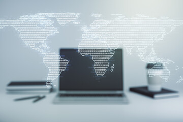 Multi exposure of abstract graphic world map on computer background, connection and communication concept