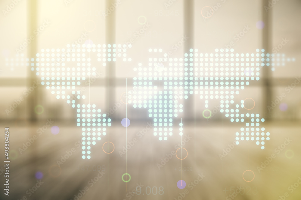 Poster double exposure of abstract digital world map hologram on empty room interior background, big data a