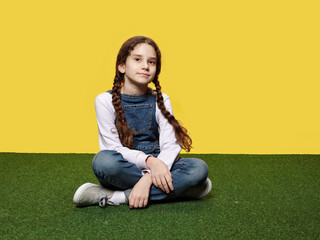 Cute little girl is lying down on artificial grass in the studio, yellow background.