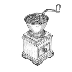 Vintage Manual coffee grinder hand drawing ,sketch.