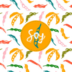 Vector banner template with Soybeans pattern seamless. Hand-drawn soybean ornament for Soy sauce label design. Whole pea pod drawings. Beans background. Vegetarian decoration. Organic food packaging.