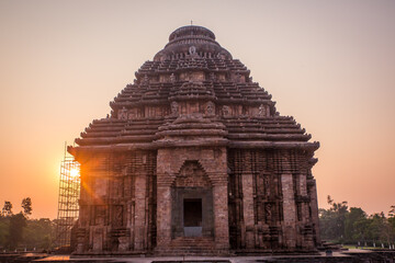 800 year old Sun Temple, Konark Odisha, India. Designed as a chariot consisting of 24 wheels which are sundials to measure movement of sun and planets. Unesco World Heritage Site.