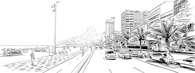 Copacabana beach. Rio de janeiro. Brazil. Hand drawn city sketch. Vector illustration.