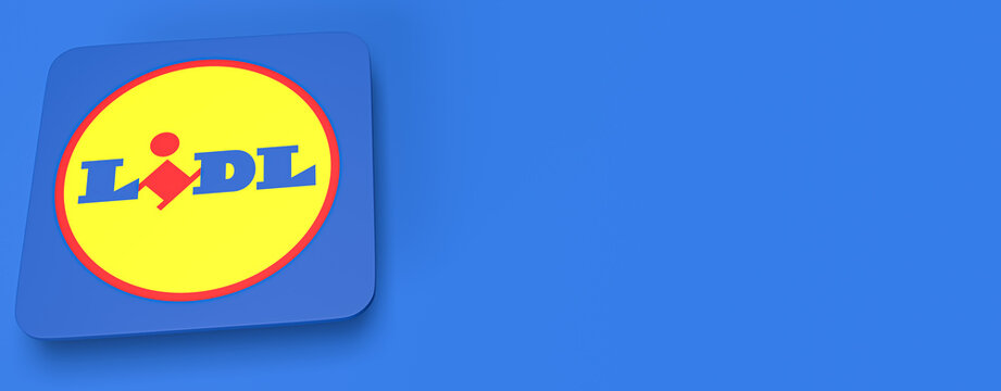 Neckargemuend, Germany: March 20, 2022: Logo of the German discount supermarket chain Lidl with blue Copy space to the right. 3d rendering in Web banner format.