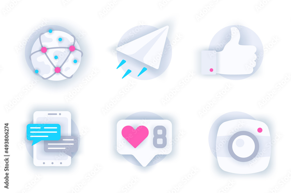 Leinwandbilder social network web concept of 3d paper icons set. pack flat pictograms of global connection, online 