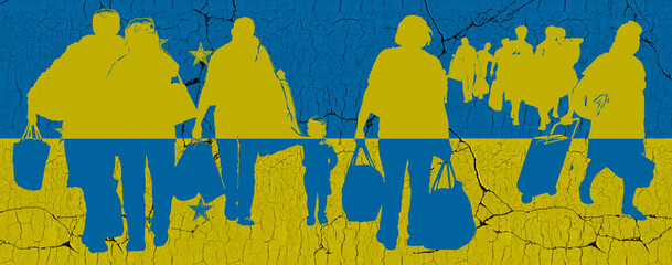 Fototapeta premium Silhouette of refugees from Ukraine against the background of the Ukrainian flag around the world. 3d rendering.