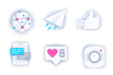 Social network web concept of 3d paper icons set. Pack flat pictograms of global connection, online correspondence, messages in chat, photos, users like. Vector elements for mobile app and website