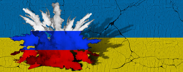 A symbol of the bombing of Ukraine by Russia. Textures of flags of Ukraine and Russia. 3d rendering.