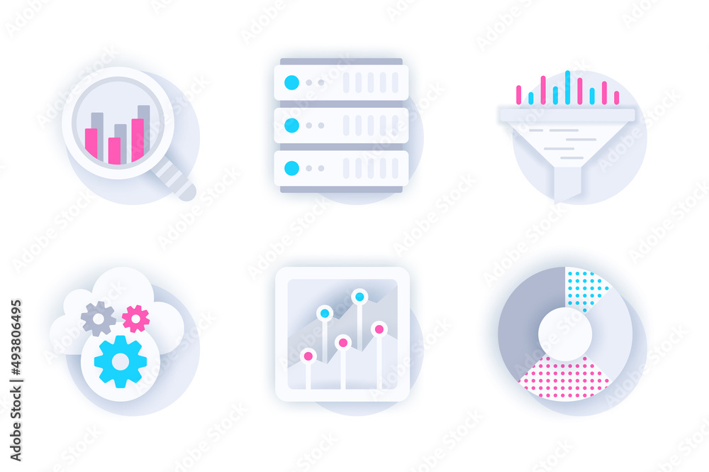 Leinwandbilder data analysis web concept of 3d paper icons set. pack flat pictograms of searching statistics, datab