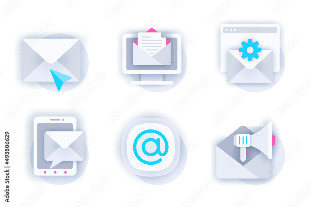 Poster Email service web concept of 3d paper icons set. Pack flat pictograms of sending letter, online correspondence, settings, chat message, promotional mailing. Vector elements for mobile app and website