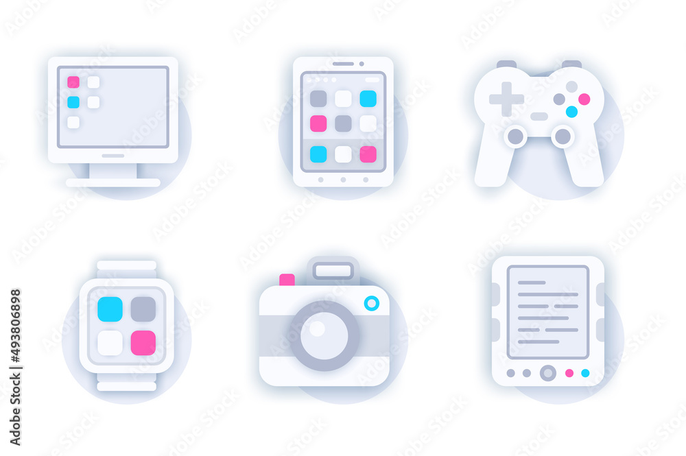 Poster personal devices web concept of 3d paper icons set. pack flat pictograms of desktop computer, smartp