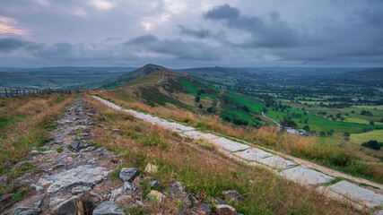 Mam Tor ridgeway, the Peak District, on a moody, cloudy summer's morning. 