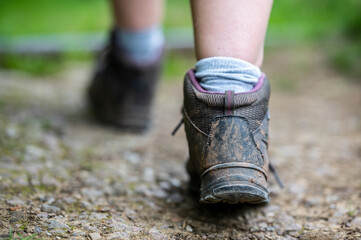 Close up of a pair of Walking Boots. Shallow depth of field. English Countryside