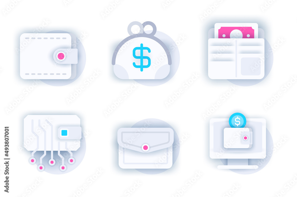Poster wallet web concept of 3d paper icons set. pack flat pictograms of different types of wallets, cash s