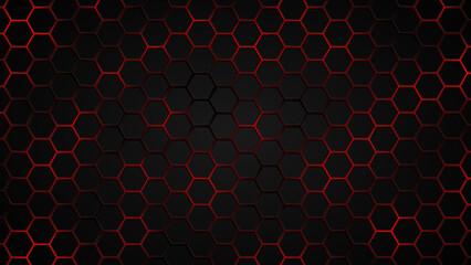 Abstract Futuristic background with hexagons . dark sci-fi hi-tech wallpaper with red lights .