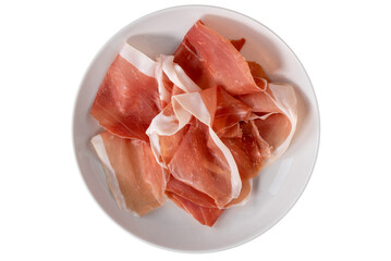 Sliced Parma ham in white dish isolated on white, clipping path, top view, flat lay