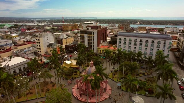 Tampico, Mexico - 02.22.2022 - Aerial view of Tampico central park and hotel and living buildings
