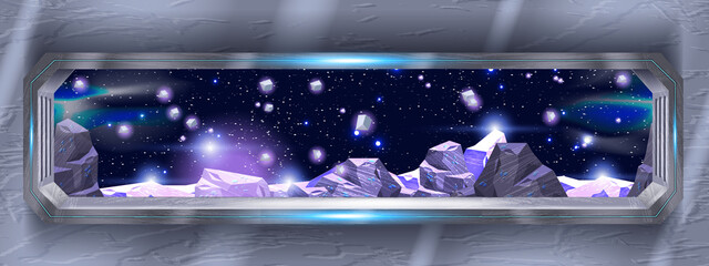 Spaceship window view, future spacecraft interior, vector alien planet rock stone meteorite surface. Purple neon galaxy game background, shuttle frame, night sky stars, flare. Metal spaceship window © Oleksandra