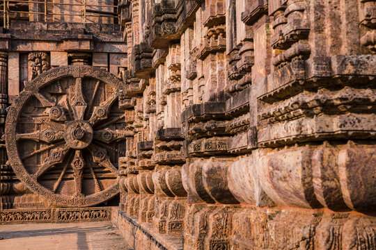 800 year old Sun Temple, designed as a chariot consisting of 24 wheels, sundials to measure time, Orissa, Konark, India. UNESCO World Heritage