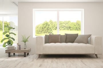 White living room with sofa and summer landscape in window. Scandinavian interior design. 3D illustration