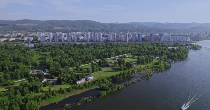 Drone flight over a wide river