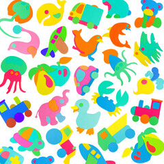 Collage from different colored images of animals and fruits