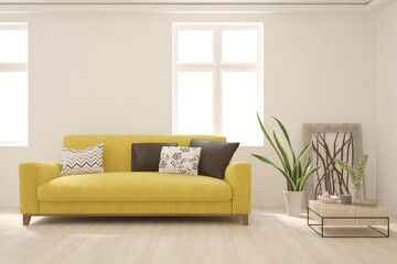 White living room with sofa. Scandinavian interior design. 3D illustration