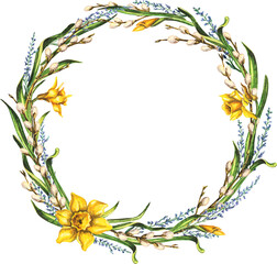 Watercolor compositions spring flowers with Easter eggs. Spring illustration Wreath with tulips and narcissus