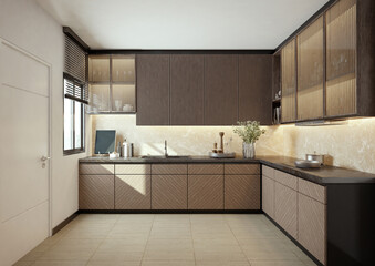 Kitchen in modern design with dark wood tone decor.3d rendering