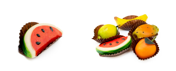 Fototapeta premium Fresh marzipan fruits isolated on white background